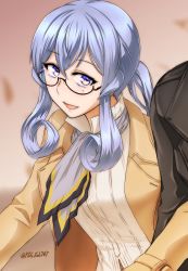 Rule 34 | 1girl, :d, absurdres, akito (sub707), alternate costume, bespectacled, black-framed eyewear, blue eyes, blue hair, blurry, blurry background, brown coat, casual, coat, commentary request, glasses, gotland (kancolle), hair between eyes, highres, kantai collection, locked arms, long hair, low ponytail, mole, mole under eye, neckerchief, open mouth, pov, semi-rimless eyewear, shirt, sidelocks, smile, solo focus, twitter username, under-rim eyewear, white shirt