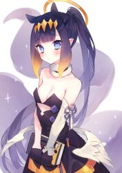 Rule 34 | 1girl, absurdres, ao-chan (ninomae ina&#039;nis), bare shoulders, black dress, black gloves, blue eyes, blunt bangs, blush, book, breasts, chiyomaru (yumichiyo0606), cleavage, clothing cutout, collar, collarbone, cutout above navel, detached collar, detached sleeves, dress, feathered wings, fur-trimmed collar, fur trim, gloves, gradient hair, half gloves, halo, headpiece, high ponytail, highres, holding, holding book, hololive, hololive english, long hair, looking at viewer, low wings, mole, mole under eye, multicolored hair, ninomae ina&#039;nis, ninomae ina&#039;nis (1st costume), off-shoulder dress, off shoulder, orange hair, pointy ears, ponytail, purple hair, sidelocks, single detached sleeve, small breasts, solo, strapless, strapless dress, tentacle hair, tentacles, tube dress, very long hair, virtual youtuber, white wings, wings