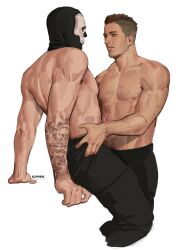 Rule 34 | 2boys, absurdres, arm tattoo, artist name, asymmetrical hair, bara, black hair, black pants, call of duty, call of duty: modern warfare 2, couple, facial hair, ghost (modern warfare 2), hands on another&#039;s hips, highres, iba (kcokaine), large pectorals, looking at another, male focus, mask, multiple boys, muscular, muscular male, nipples, pants, pectorals, short hair, sidecut, simple background, skull mask, soap (modern warfare 2), tattoo, undercut, white background, yaoi