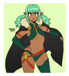 Rule 34 | 1girl, 2020, artist name, black cape, cape, dark skin, dark-skinned female, elbow gloves, eyebrows, fingerless gloves, flat chest, fur-trimmed cape, fur trim, gloves, green gloves, green hair, highres, long hair, looking at viewer, messy hair, navel, original, parted lips, pointy ears, red eyes, smile, solo, taggo, wavy hair