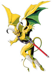 Rule 34 | atlus, colored skin, demon, hooves, horns, kazuma kaneko, official art, persona, red eyes, shin megami tensei, simple background, single horn, sword, tail, weapon, white background, wings, yellow skin