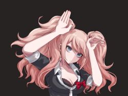 Rule 34 | 1girl, arms up, black background, black bra, black shirt, blonde hair, bow, bra, breasts, cleavage, closed mouth, danganronpa: trigger happy havoc, danganronpa (series), enoshima junko, frown, green eyes, grey necktie, highres, hy (fjvlg), large breasts, nail polish, necktie, red bow, red nails, shirt, simple background, solo, twintails, underwear