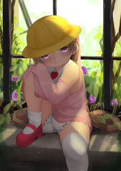 Rule 34 | 1girl, asymmetrical legwear, bare shoulders, blush, brooch, closed mouth, commentary request, dress, foot out of frame, hat, heart, heart brooch, highres, jewelry, light brown hair, long hair, long sleeves, looking at viewer, ne an ito, outdoors, pink dress, pink sleeves, purple eyes, shadow, sidelighting, single sock, single thighhigh, sitting, sleeves past fingers, sleeves past wrists, socks, solo, split mouth, thick thighs, thighhighs, thighs, tsukuyomi ai, voiceroid, yellow hat