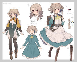Rule 34 | 1girl, ascot, backpack, bag, belt, blush, boots, braid, breasts, brown hair, capelet, character sheet, closed mouth, clothes lift, commentary request, dress, dress lift, closed eyes, frilled dress, frills, full body, green dress, hair down, hair ornament, highres, ikeuchi tanuma, knee boots, lace trim, looking at viewer, maid, medium hair, open mouth, original, outstretched arms, portrait, pouch, red eyes, short twintails, small breasts, smile, spread arms, tino (ikeuchi tanuma), translation request, tsurime, twintails, yellow ascot