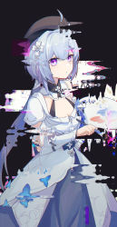 Rule 34 | 1girl, absurdres, ahoge, blue butterfly, blue hair, bug, butterfly, closed mouth, dress, expressionless, glitch, grey background, griseo, griseo (starry impression), hair ornament, hairclip, hat, highres, honkai (series), honkai impact 3rd, insect, long hair, looking at viewer, paint, paintbrush, palette (object), ponytail, purple eyes, redfish, solo