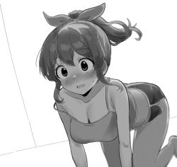 Rule 34 | 1girl, all fours, blush, bow, breasts, cleavage, commentary request, greyscale, hair bow, idolmaster, idolmaster million live!, long hair, medium breasts, monochrome, myeolchi, open mouth, ponytail, satake minako, sketch, solo, tank top