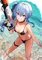 Rule 34 | absurdres, armpit crease, bare shoulders, beach, bikini, black bikini, blue eyes, blue hair, blue ribbon, breasts, choker, collarbone, commentary request, day, dutch angle, from above, grin, hair between eyes, hair ribbon, highres, holding, holding water gun, hololive, hoshimachi suisei, leaning forward, looking at viewer, medium hair, micro bikini, navel, ocean, outdoors, ribbon, sand, side ponytail, small breasts, smile, standing, star (symbol), star in eye, stomach, sunlight, swimsuit, symbol in eye, thigh strap, v-shaped eyebrows, virtual youtuber, water, water drop, water gun, wet, yotsuyama (yomo8ama)