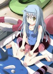Rule 34 | 10s, 1girl, barefoot, heterochromia, infinite stratos, inflatable toy, innertube, laura bodewig, long hair, mister (black and white), no eyepatch, one-piece swimsuit, school swimsuit, silver hair, sitting, solo, swim ring, swimsuit, wariza, whale