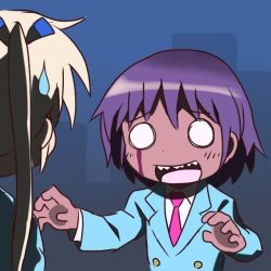 Rule 34 | 2girls, bad id, bad pixiv id, blonde hair, from behind, hair ribbon, kill me baby, long hair, multiple girls, necktie, open mouth, oribe yasuna, ponareon ponaparte, ribbon, short hair, sonya (kill me baby), sweatdrop, twintails, zombie