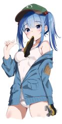 Rule 34 | 1girl, absurdres, blue eyes, blue hair, blue jacket, bob cut, breasts, covered navel, cowboy shot, flat cap, green hat, hat, highres, holding, holding wrench, jacket, kawashiro nitori, looking at viewer, medium breasts, one-piece swimsuit, shirt, simple background, solo, standing, swimsuit, tetsurou (fe+), touhou, two side up, white background, white shirt, wrench