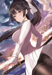 Rule 34 | 1girl, azur lane, black hair, black pantyhose, breasts, cloud, cloudy sky, dutch angle, from side, gloves, hair flaps, half gloves, holding, holding sword, holding weapon, katana, large breasts, long hair, long sleeves, looking at viewer, maosame, military, military uniform, miniskirt, panties, panties under pantyhose, pantyhose, pantyshot, parted lips, ponytail, sheath, sheathed, sidelocks, skirt, sky, solo, standing, sword, takao (azur lane), underwear, uniform, very long hair, weapon, white gloves