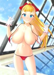 Rule 34 | 10s, 1girl, absurdres, akiba&#039;s trip, akiba&#039;s trip the animation, arisa ahokainen, bikini, blonde hair, blue eyes, blush, breasts, closed mouth, collarbone, gloves, gluteal fold, hair ribbon, highres, huge breasts, indoors, large breasts, long hair, looking at viewer, micro bikini, navel, nipples, ponytail, pool, red bikini, red ribbon, rei no pool, ribbon, shiny skin, side-tie bikini bottom, signature, smile, solo, stomach, surprised, swimsuit, topless, urepito honke, wardrobe malfunction, water, wavy mouth