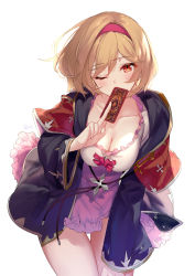 Rule 34 | 1girl, absurdres, aki663, artist name, between fingers, blonde hair, blue coat, blush, breasts, card, cleavage, coat, collarbone, commentary request, covering own mouth, cowboy shot, djeeta (granblue fantasy), gold trim, granblue fantasy, hair between eyes, hairband, highres, holding, leaning forward, long sleeves, looking at viewer, medium breasts, one eye closed, pink hairband, pink skirt, red eyes, shirt, short hair, simple background, skirt, solo, standing, swept bangs, twisted torso, white background, white shirt, wide sleeves
