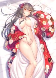 Rule 34 | 1girl, absurdres, areola slip, bed sheet, black hair, blush, breasts, feet out of frame, floral print, groin, hair between eyes, hair ornament, hairband, hairclip, haruna (kancolle), highres, japanese clothes, kantai collection, kimono, large breasts, long sleeves, looking at viewer, navel, open mouth, print kimono, red kimono, ryu-akt, signature, solo, white hairband, wide sleeves, yellow eyes