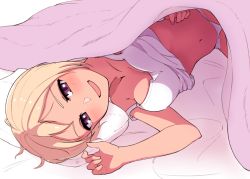 Rule 34 | 1girl, :d, bare arms, bare shoulders, blonde hair, blush, breasts, camisole, hi iro, looking at viewer, lying, medium breasts, navel, off shoulder, on side, open mouth, original, panties, pillow, purple eyes, short hair, smile, solo, under covers, underwear, white panties