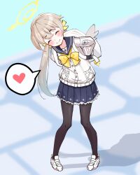 Rule 34 | 1girl, :d, ^ ^, absurdres, backpack, bag, black pantyhose, black skirt, blonde hair, blue archive, closed eyes, full body, gun, hair ornament, halo, heart, hifumi (blue archive), highres, jacket, leaning forward, low twintails, miniskirt, momip, neckerchief, open mouth, pantyhose, pleated skirt, rifle, school uniform, simple background, skirt, smile, solo, standing, sweatdrop, twintails, weapon, white background, white bag, white footwear, white jacket, yellow neckerchief
