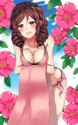 Rule 34 | 1girl, bikini, blush, bow, breasts, brown eyes, brown hair, cleavage, collarbone, drill hair, flower, hair between eyes, hair bow, harukaze (kancolle), highres, kantai collection, leaf, leaning forward, looking at viewer, medium breasts, natsu narumi, open mouth, pink bikini, pink flower, red bow, short hair, side-tie bikini bottom, smile, solo, standing, swimsuit, towel, twin drills