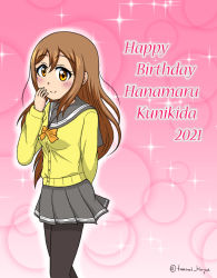 Rule 34 | 1girl, arm behind back, artist name, artist request, black pantyhose, blush, bow, bowtie, breasts, brown eyes, brown hair, buttons, cardigan, collarbone, eyebrows, female focus, floating hair, grey sailor collar, grey skirt, hair between eyes, kunikida hanamaru, layered skirt, light brown hair, long hair, long sleeves, looking at viewer, love live!, love live! sunshine!!, miniskirt, orange bow, pantyhose, parted lips, pink background, plaid, plaid skirt, pleated, pleated skirt, sailor collar, school uniform, skirt, sleeves past wrists, small breasts, smile, solo, sparkle, sweater, uranohoshi school uniform, wavy hair, yellow cardigan, yellow eyes, yellow sweater