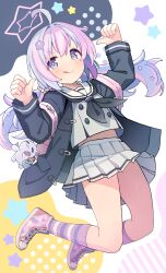 Rule 34 | 1girl, absurdres, ahoge, black jacket, black neckerchief, blue archive, blush, closed mouth, flower, full body, grey serafuku, grey skirt, halo, highres, jacket, long hair, long sleeves, multicolored hair, neckerchief, nomio, open clothes, open jacket, pink flower, pink hair, pink halo, pleated skirt, purple eyes, purple hair, reisa (blue archive), sailor collar, school uniform, serafuku, shoes, skirt, smile, socks, solo, star (symbol), striped clothes, striped socks, tongue, tongue out, twintails, v-shaped eyebrows, white sailor collar