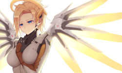 Rule 34 | 1girl, absurdres, arm between breasts, armor, between breasts, black gloves, blonde hair, blue eyes, blush, bodysuit, boobplate, breastplate, breasts, closed mouth, eyelashes, gloves, glowing, glowing wings, halo, hand on own chest, hand on own neck, hand up, headgear, highres, large breasts, light smile, long hair, long sleeves, looking away, mechanical halo, mechanical wings, medium breasts, mercy (overwatch), nose, overwatch, overwatch 1, ponytail, rafael-m, revision, short hair, simple background, skin tight, solo, spread wings, turtleneck, upper body, white background, wing print, wings, yellow wings