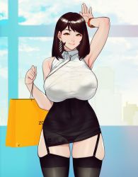 Rule 34 | 1girl, arm up, armpits, bag, black skirt, black thighhighs, blue background, breasts, brown hair, chief nuna (zcune), closed mouth, cloud, commentary request, commission, covered navel, cowboy shot, curvy, day, earrings, facing viewer, garter straps, high-waist skirt, highres, holding, holding bag, huge breasts, indoors, jewelry, light smile, long hair, looking at viewer, microskirt, mole, mole under eye, office lady, original, panties, see-through, see-through skirt, shirt, side slit, skindentation, skirt, sky, sleeveless, sleeveless shirt, smile, solo, standing, string panties, taut clothes, taut shirt, thighhighs, underbust, underwear, watch, white shirt, window, wristwatch, yellow bag, yellow eyes, zcune