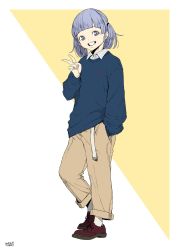 Rule 34 | 1girl, alternate costume, blue sweater, blunt bangs, brown pants, dated, full body, grey hair, grin, hand in pocket, highres, kantai collection, long sleeves, medium hair, ooshio (kancolle), pants, short twintails, signature, simple background, smile, solo, standing, sweater, tocky, twintails, two-tone background, v