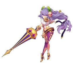 Rule 34 | 1girl, artist request, asymmetrical clothes, character request, copyright request, floating hair, full body, high heels, holding, lance, long hair, low-tied long hair, navel, polearm, purple hair, simple background, solo, transparent background, very long hair, weapon, white background