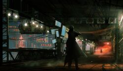 Rule 34 | 2others, aiming, building, cable, city, cloak, commentary request, film grain, haru akira, highres, indoors, lamp, multiple others, neon lights, original, aiming, scenery, screen, silhouette, standing, translation request, wide shot