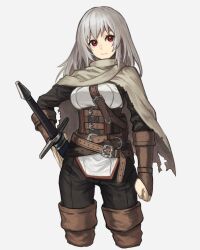 Rule 34 | 1girl, belt, belt buckle, black pants, boots, breasts, brown belt, brown footwear, brown gloves, buckle, character request, clenched hand, cloak, closed mouth, cropped legs, fingerless gloves, gloves, grey cloak, highres, janoukyo19, large breasts, long hair, medium breasts, multiple belts, pants, red eyes, scabbard, sheath, simple background, solo, sword, thigh boots, torn cloak, torn clothes, weapon, white background, white cloak, white hair