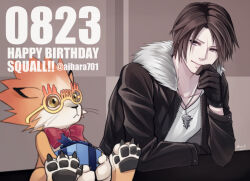 Rule 34 | animal, animal hands, birthday, black gloves, black jacket, blue eyes, bow, bowtie, brown background, brown hair, cat, cat paws, chain, chain necklace, claws, commentary, dated, elbows on table, final fantasy, final fantasy viii, fur-trimmed jacket, fur trim, geometric pattern, gift, glasses, gloves, hand to own mouth, happy birthday, hiryuu (kana h), holding, holding gift, jacket, jewelry, leaning, leaning forward, leaning on table, light smile, looking at another, moomba, necklace, novelty glasses, open clothes, open jacket, orange fur, pawpads, red bow, red bowtie, scar, scar on face, shirt, short hair, signature, smile, squall leonhart, t-shirt, twitter username, v-neck, white shirt, yellow eyes