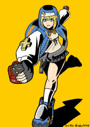 Rule 34 | 1boy, blonde hair, bridget (guilty gear), fingerless gloves, gloves, green eyes, guilty gear, guilty gear strive, highres, male focus, medium hair, open mouth, smile, solo, trap, vehicle1026, yellow background