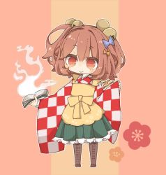 Rule 34 | 1girl, apron, bell, book, boots, brown hair, character name, checkered clothes, checkered kimono, clothes writing, cross-laced footwear, hair bell, hair ornament, hitodama, holding, holding book, japanese clothes, kimono, lace-up boots, looking at viewer, motoori kosuzu, red eyes, short hair, simple background, smile, solo, touhou, two side up, wide sleeves, yaco (nuitnotte)
