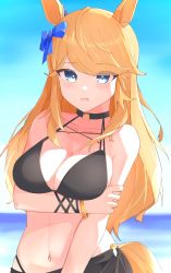 Rule 34 | 1girl, animal ears, bare arms, bare shoulders, bikini, black bikini, black choker, blonde hair, blue bow, blue eyes, blue sky, blush, bow, bracelet, breasts, choker, commentary request, day, gold city (umamusume), hair bow, highres, horse ears, jewelry, large breasts, long hair, looking at viewer, mefuyaka, navel, open mouth, outdoors, sky, solo, stomach, swept bangs, swimsuit, umamusume, upper body, very long hair