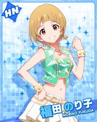 Rule 34 | 10s, 1girl, :d, blonde hair, blue background, bracelet, brown eyes, character name, crop top, earrings, female focus, fukuda noriko, grin, hand on own hip, idolmaster, idolmaster million live!, jewelry, kawakami tetsuya, looking at viewer, lots of jewelry, navel, necklace, official art, open mouth, short hair, skirt, smile, solo