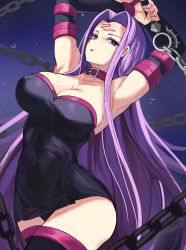 Rule 34 | 1girl, absurdres, armpits, arms up, bad id, bad pixiv id, bare shoulders, black dress, black thighhighs, breasts, chain, cleavage, collar, detached sleeves, dress, facial mark, fate/stay night, fate (series), forehead, forehead mark, highres, large breasts, long hair, looking at viewer, loooyd, medusa (fate), medusa (rider) (fate), nameless dagger (fate), parted bangs, purple eyes, purple hair, short dress, sidelocks, solo, thighhighs, thighs, very long hair
