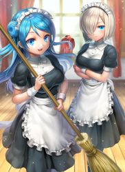 Rule 34 | 2girls, alternate costume, apron, black dress, black legwear, blue eyes, blue hair, breasts, broom, cleaning, crossed arms, day, double bun, dress, duster, enmaided, eyes visible through hair, hair ornament, hair over one eye, hairclip, hamakaze (kancolle), indoors, kantai collection, light particles, long hair, looking at viewer, maid, maid apron, maid headdress, medium breasts, multiple girls, open mouth, pantyhose, puffy short sleeves, puffy sleeves, short hair, short sleeves, silver hair, smile, standing, to nasu, urakaze (kancolle), waist apron, window, wooden floor, wrist cuffs