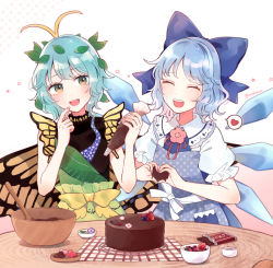Rule 34 | 2girls, antennae, aqua hair, blue bow, blue hair, blush, bow, butterfly wings, cake, chocolate, chocolate cake, cirno, commission, commissioner upload, detached collar, dress, eternity larva, fairy, food, green dress, hair between eyes, hair bow, heart, highres, ice, ice wings, insect wings, leaf, leaf on head, mozukuzu (manukedori), multicolored clothes, multicolored dress, multiple girls, open mouth, puffy short sleeves, puffy sleeves, shirt, short hair, short sleeves, skeb commission, smile, spoken heart, teeth, touhou, upper teeth only, valentine, white shirt, wings, yellow eyes