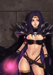 Rule 34 | 1girl, armor, bikini armor, breasts, bursting breasts, circlet, cowboy shot, gloves, jewelry, large breasts, lipe-san, lips, long hair, magic, naga the serpent, purple hair, revealing clothes, shoulder pads, skull, slayers, smile, solo, spikes, thong