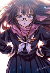Rule 34 | 1girl, artist name, backlighting, black-framed eyewear, blue shirt, blue skirt, brown hair, commentary request, glasses, hands on own hips, long hair, long sleeves, looking at viewer, neckerchief, open mouth, original, pink scarf, pleated skirt, purple eyes, scarf, school uniform, serafuku, shirt, signature, simple background, skirt, solo, sugano manami, white background, white neckerchief