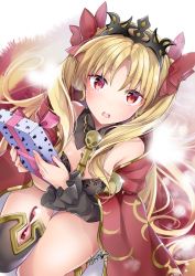 Rule 34 | 1girl, akatsuki hijiri, blonde hair, blush, breasts, dutch angle, earrings, ereshkigal (fate), fate/grand order, fate (series), gift, hair ribbon, jewelry, looking at viewer, open mouth, red eyes, red ribbon, ribbon, single thighhigh, small breasts, solo, thighhighs, tiara