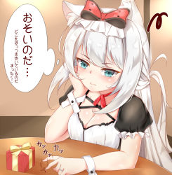Rule 34 | 1girl, animal ears, annoyed, aono (f i s), arm support, azur lane, black dress, blue eyes, blush, bow, box, breasts, cat ears, cleavage, closed mouth, commentary request, dress, gift, gift box, hair bow, hammann (azur lane), head rest, highres, long hair, medium breasts, puffy short sleeves, puffy sleeves, red bow, short sleeves, silver hair, sitting, solo, table, tapping, tapping finger, translation request, valentine, very long hair, wrist cuffs