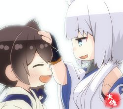 Rule 34 | 2girls, ^ ^, animal ears, arm on own head, azur lane, blue eyes, blush, breasts, chibi, closed eyes, crossover, fox girl, hair ornament, hand on another&#039;s head, happy, historical name connection, japanese clothes, kaga (azur lane), kaga (kancolle), kantai collection, kimono, large breasts, laughing, long hair, multiple girls, name connection, open mouth, short hair, side ponytail, smile, taisa (kari), white hair, white kimono