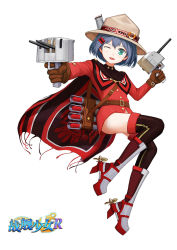 Rule 34 | 1girl, ;d, belt, belt buckle, black thighhighs, blue hair, blush, bottomless, brown gloves, buckle, buttons, cannon, cape, copyright name, full body, gloves, green eyes, haida (warship girls r), hair ornament, hairclip, hat, holding, holding weapon, jacket, jiaoshouwen, lifebuoy, long sleeves, looking at viewer, mountie, no pants, official art, one eye closed, open mouth, propeller, red jacket, rudder footwear, short hair, smile, smokestack, solo, swim ring, thighhighs, torpedo, turret, warship girls r, weapon, white background