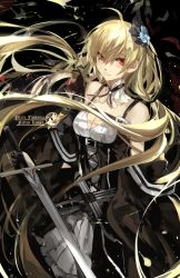 Rule 34 | 1girl, absurdres, ahoge, blonde hair, crying, crying with eyes open, dress, flower, hair between eyes, hair flower, hair ornament, highres, long hair, pixiv fantasia, pixiv fantasia fallen kings, red eyes, saberiii, solo, sword, tears, weapon