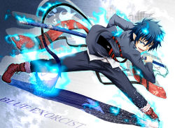 Rule 34 | 1boy, ao no exorcist, blouse, boots, collared shirt, copyright name, cross-laced footwear, flame-tipped tail, flask (pandora), full body, hair between eyes, holding, holding sword, holding weapon, lace-up boots, male focus, necktie, okumura rin, pointy ears, sheath, shirt, short hair, smile, solo, standing, striped necktie, sword, unsheathing, weapon, weapon bag, white shirt