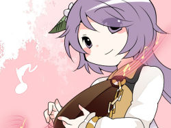 Rule 34 | 1girl, beamed quavers, biwa lute, blush stickers, commentary request, eyes visible through hair, hair ornament, hair over one eye, hammer (sunset beach), instrument, long hair, looking at viewer, lute (instrument), musical note, purple eyes, quaver, smile, solo, staff (music), touhou, tsukumo benben, upper body