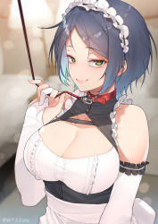 Rule 34 | 1girl, alternate costume, bare shoulders, bdsm, blue hair, blush, breasts, cleavage, closed mouth, collar, green eyes, hayami kanade, highres, jjune, large breasts, leash, leash pull, looking at viewer, multicolored hair, parted bangs, short hair, slave, smile, solo, twitter username, two-tone hair, upper body