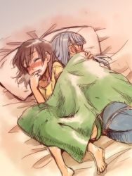 Rule 34 | 10s, 2girls, back-to-back, bad id, bad pixiv id, bed, blanket, blue hair, blush, breath, brown eyes, brown hair, closed eyes, fin e ld si laffinty, finger to mouth, hair down, implied masturbation, kiss, kyouno madoka, long hair, masturbation, multiple girls, niina ryou, open mouth, pillow, purple eyes, rinne no lagrange, sketch
