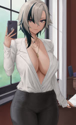 Rule 34 | 1girl, arlecchino (genshin impact), black eyes, black hair, black pants, breasts, cellphone, center opening, cleavage, collarbone, collared shirt, dress shirt, genshin impact, highres, jewelry, large breasts, long sleeves, looking at viewer, multicolored hair, necklace, pants, partially unbuttoned, phone, red pupils, shirt, short hair, solo, streaked hair, symbol-shaped pupils, thighs, white hair, white shirt, window, x-shaped pupils, zaphn