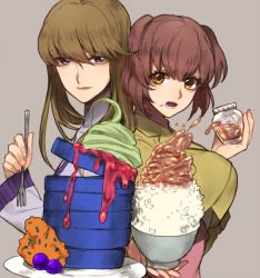 Rule 34 | 2girls, back-to-back, bad food, bowl, breasts, brown eyes, brown hair, brown jacket, expressionless, flat chest, food, food on face, holding, holding bowl, holding jar, irie tamaki, jacket, jar, kugimiya kei, large breasts, looking at viewer, majestic prince, multiple girls, open mouth, oshioyu, pink shirt, purple eyes, purple shirt, rice, shirt, short hair, syrup, two side up